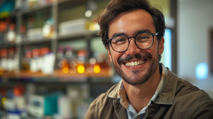 Fototapeta premium Smiling Male Scientist in Laboratory, Wearing Lab Coat, Scientific Research and Innovation