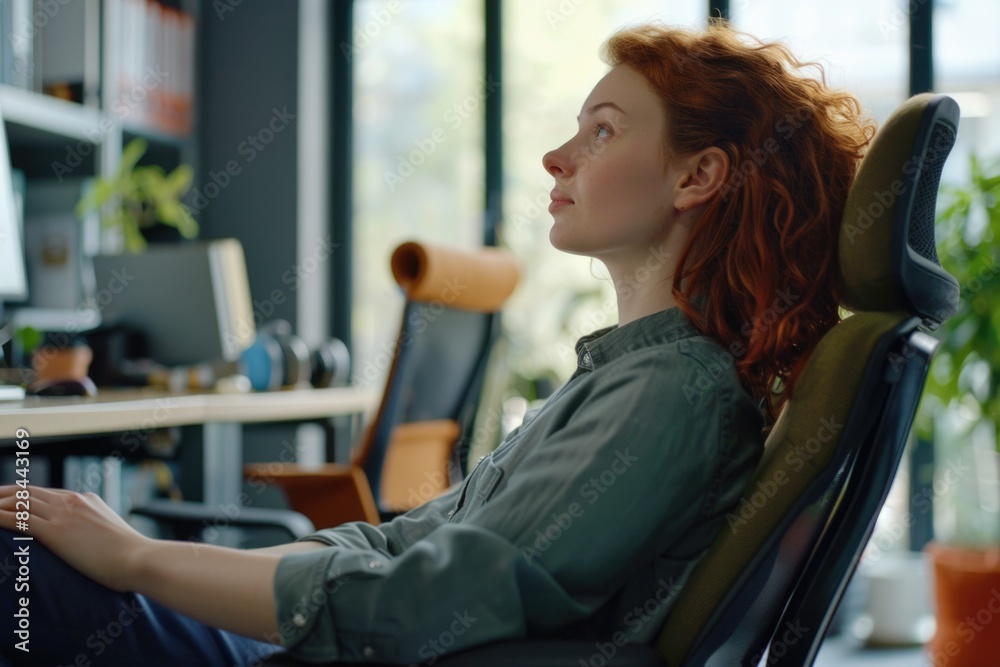 Poster a woman sitting in a chair in front of a computer. suitable for office, technology, and remote work 
