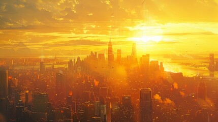 Sunrise casts a golden glow over a bustling cityscape.