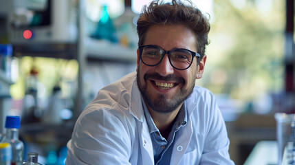 Obraz premium Smiling Male Scientist in Laboratory, Wearing Lab Coat, Scientific Research and Innovation