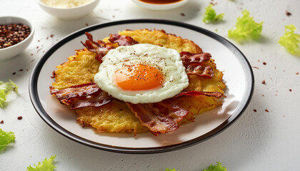 Homemade crispy hash browns with fried egg and bacon on plate. Tasty food. Delicious dish.