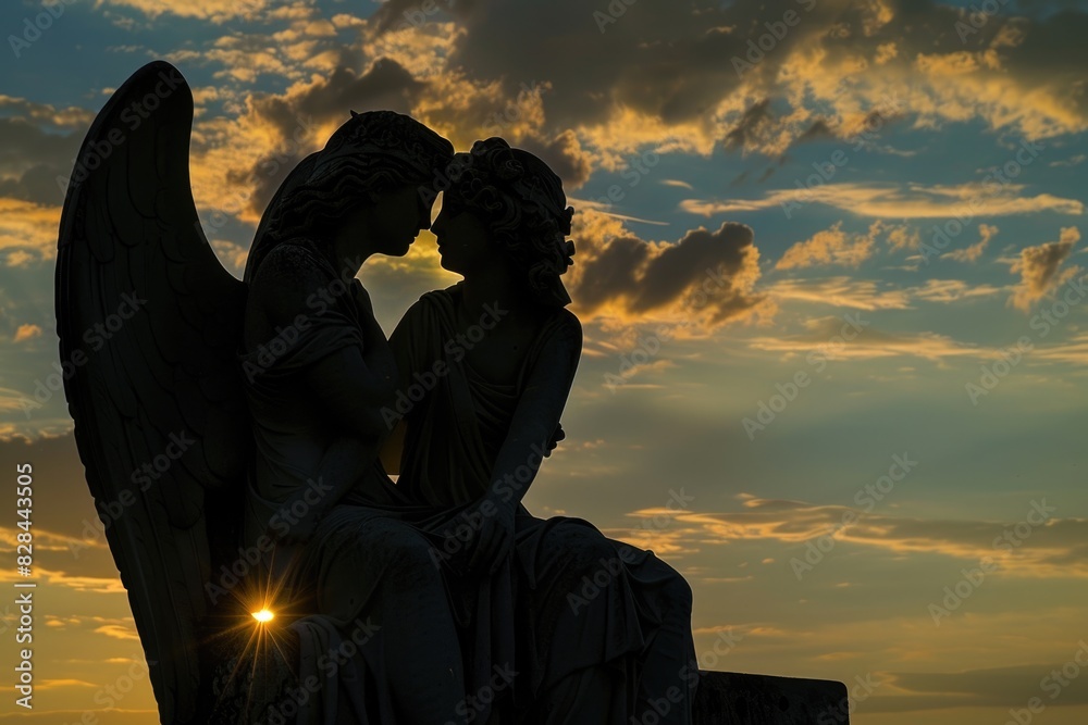 Poster a serene angel statue perched on a bench, suitable for various projects
