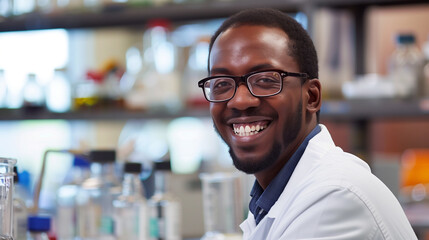 Fototapeta premium Smiling African American Male Scientist in Laboratory, Wearing Lab Coat, Scientific Research and Innovation
