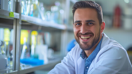 Fototapeta premium Smiling Male Scientist in Laboratory, Wearing Lab Coat, Scientific Research and Innovation