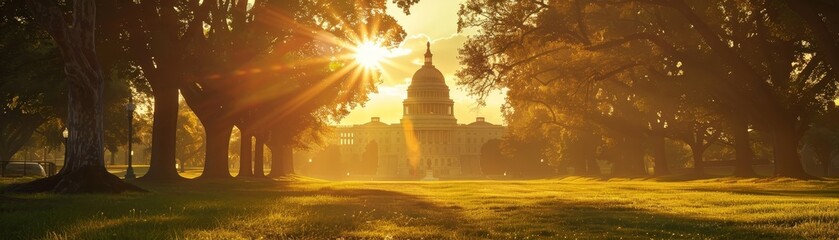 Obraz premium Sunrise beams behind the Capitol Building.