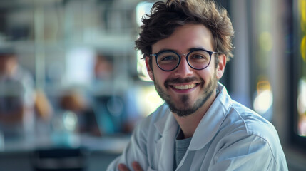 Fototapeta premium Smiling Male Scientist in Laboratory, Wearing Lab Coat, Scientific Research and Innovation
