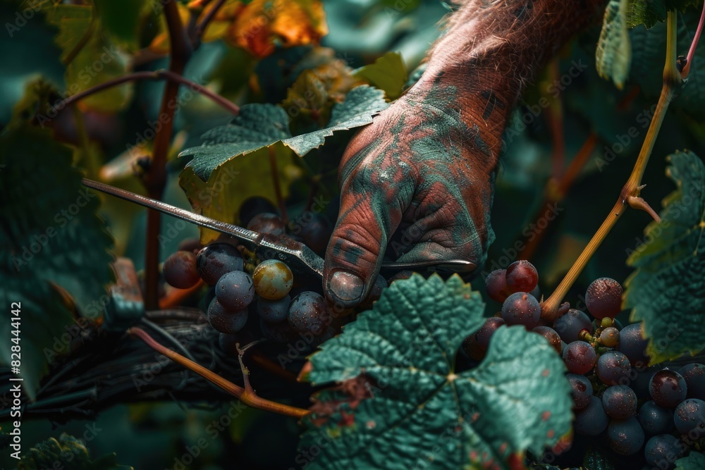 Poster a person using scissors to cut grapes. suitable for food and agriculture concepts