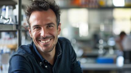 Obraz premium Smiling Male Scientist in Laboratory, Wearing Lab Coat, Scientific Research and Innovation
