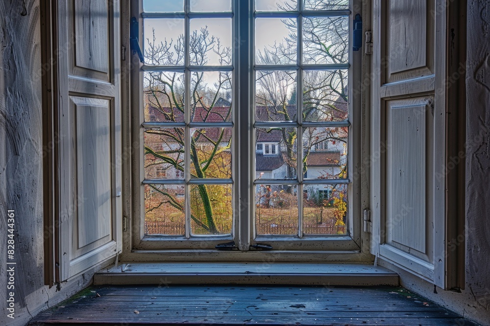 Poster A window with a view of a tree outside. Suitable for interior design projects
