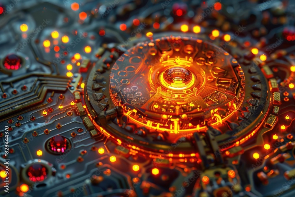 Aufkleber Close up view of a circuit board with red and yellow lights, suitable for technology or engineering concepts