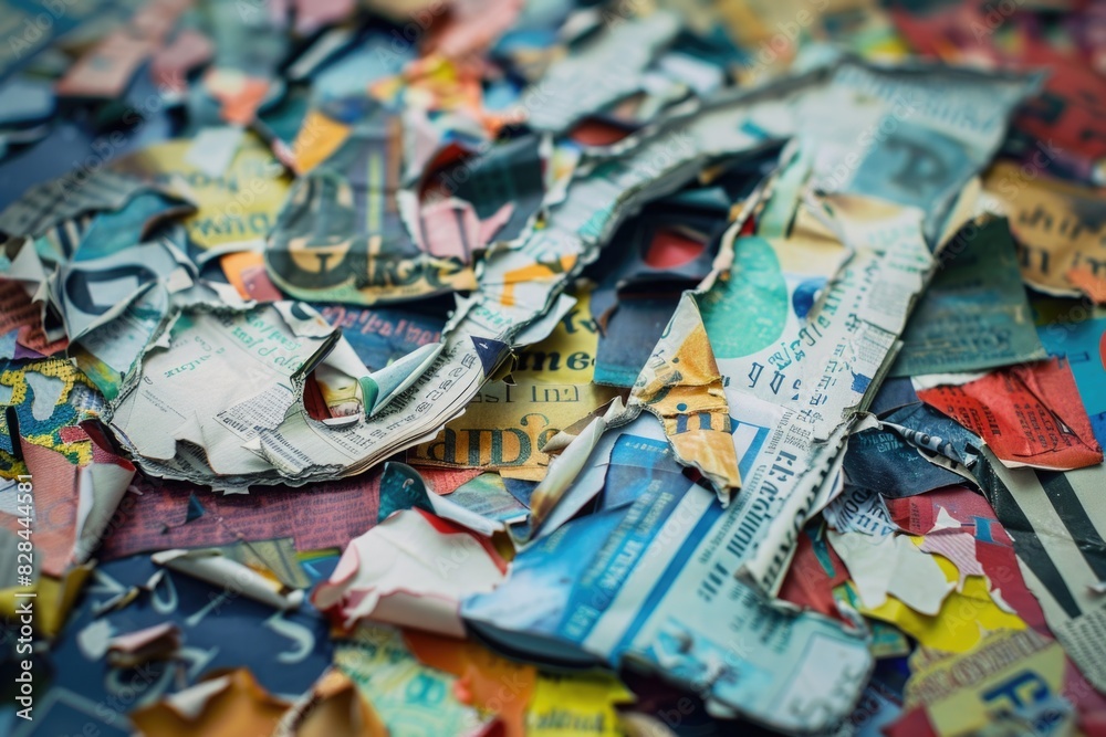 Poster a close-up view of a pile of torn newspaper. suitable for news articles and journalism concepts