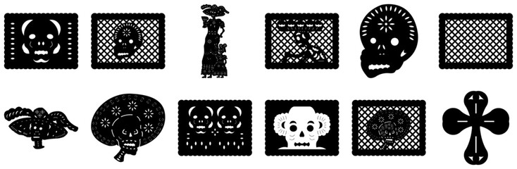 Set Of Dia De Los Muertos Icons Web Header Banner Design Containing Decoration,Mexican,Skull-Banner,Banner-Paper,Papel-Picado Stroke Icon Collection. Vector Illustration