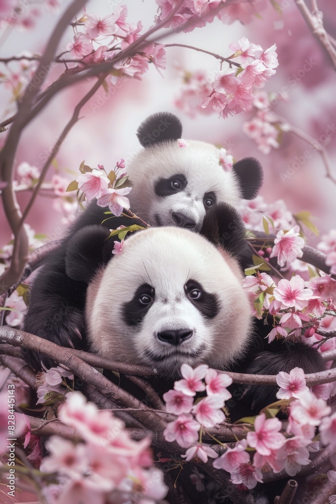 Poster two panda bears perched on a tree branch. suitable for nature and wildlife themes