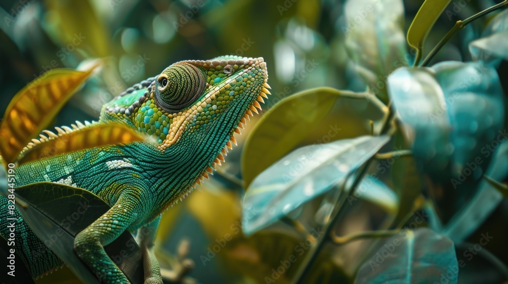Poster a close up shot of a chameleon perched on a tree branch. ideal for nature and wildlife themes