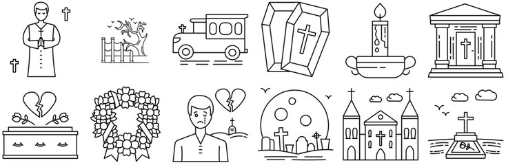 Set Of Linear Death Cemetery Icons Silhouette Vector Logo Design Containing Death,Dead,Chapel,Grave,Cemetery Set Vector Flat Line Icons