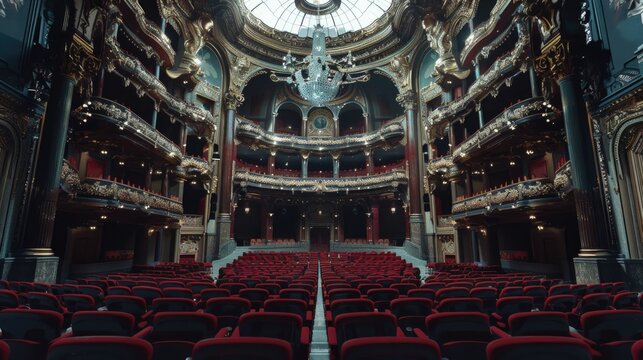Auditorium with red seats and chandelier, ideal for event promotions