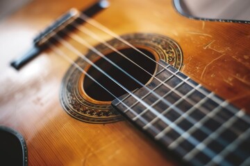 Fototapeta premium A close-up of an acoustic guitar frame mockup with a focus on the sound hole and rosette