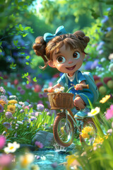 A girl with Blue sportswear, Big and bright eyes, Happy expression, Riding a bicycle over a stream, the bicycle basket is surrounded by flowers, the whole body display, white sneakers, green grass, fl