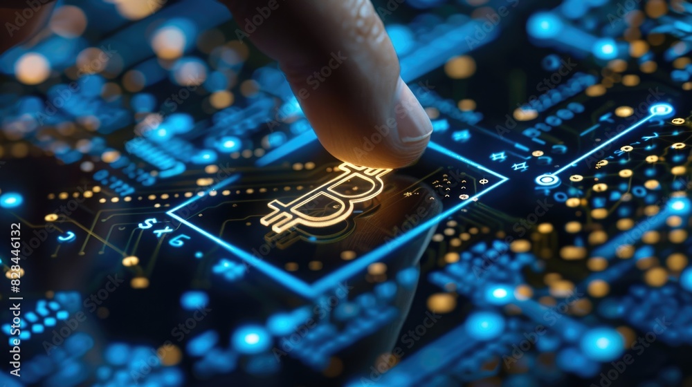 Aufkleber A finger touching a bitcoin on a circuit board. Ideal for technology concepts