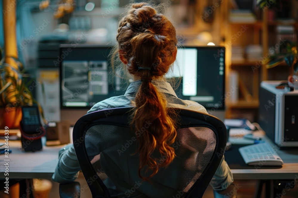 Poster a woman sitting in front of a computer desk. ideal for illustrating remote work or technology concep