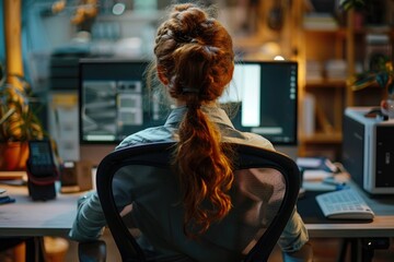 Fototapeta premium A woman sitting in front of a computer desk. Ideal for illustrating remote work or technology concepts
