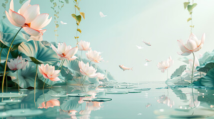 3d rendering,3d illustration,c4d,A light blue water surface with lotus leaves and fish, with soft pink lotuses blooming on the left side of the picture. The background is a simple gradient of white to