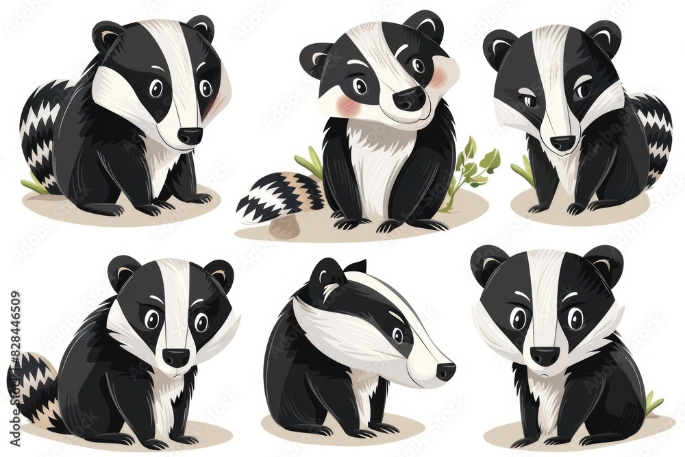 Aufkleber four cartoon badgers with different expressions, perfect for various design projects