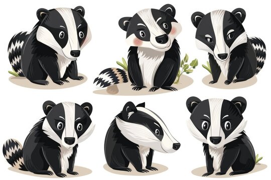 Four cartoon badgers with different expressions, perfect for various design projects