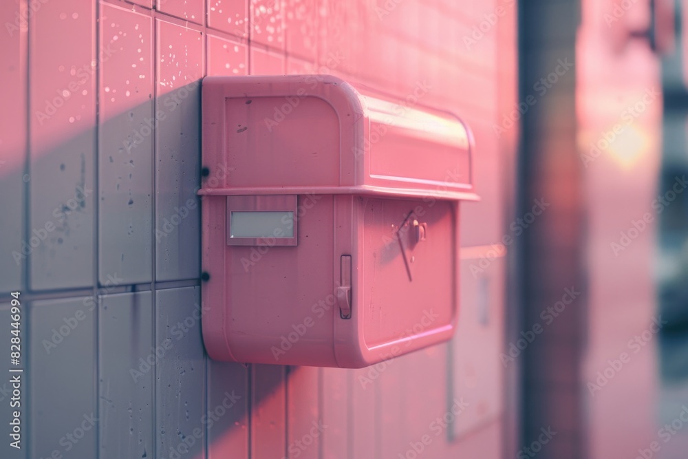Poster a pink mailbox attached to a building side. suitable for postal or communication concepts