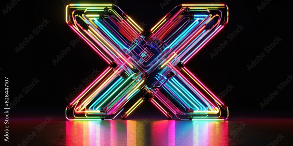 Poster bright neon letter x reflected on shiny surface. perfect for design projects and signage