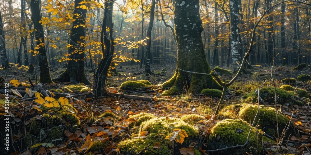 Poster sunlight filtering through dense forest canopy. suitable for nature and outdoor themes
