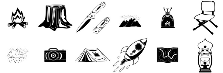Set Of Linear Camping Vector Symbols Apps, Websites Ui Designs Suitable For Camp,Mountain,Camping,Nature,Flame Stroke Icon Collection. Vector Illustration