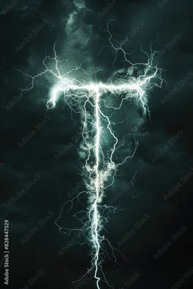 Poster a striking image of a cross made of lightning in the dark sky. suitable for religious or dramatic th