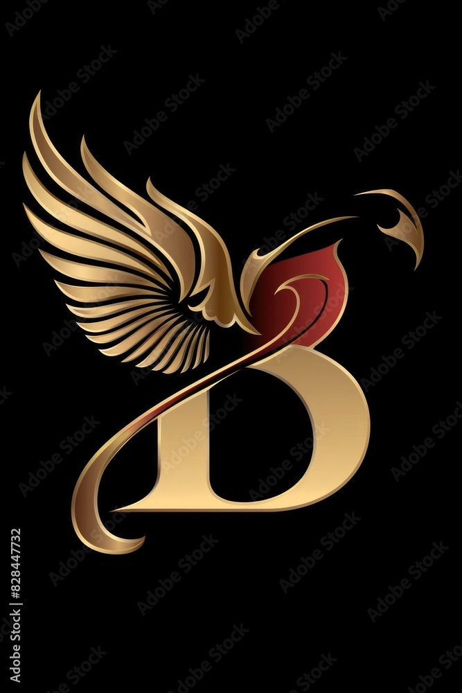 Poster a stunning gold and red bird with wings on a dramatic black background. perfect for adding a pop of 