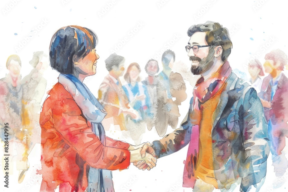 Poster Two people shaking hands in front of a crowd. Suitable for business and teamwork concepts