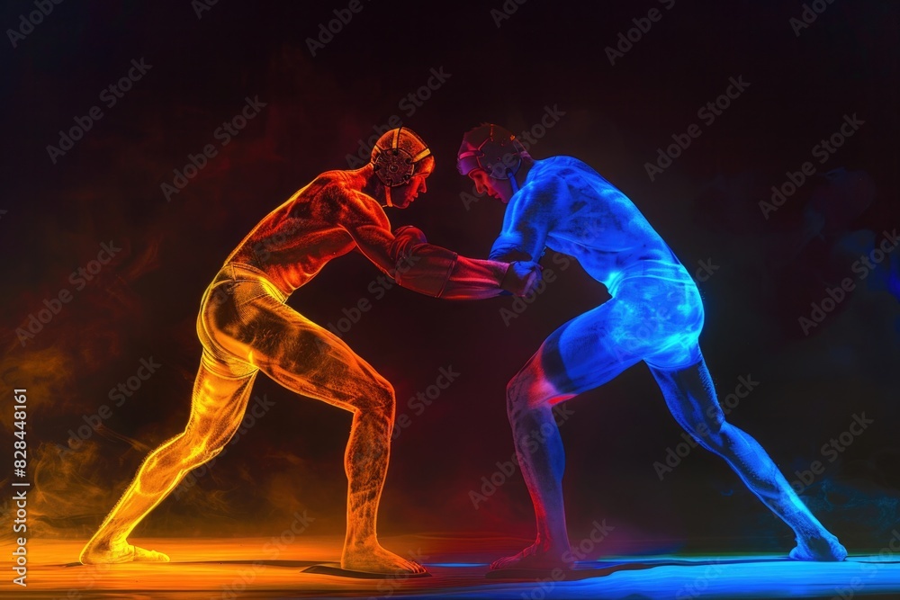Poster two men standing together on a stage. suitable for business or teamwork concepts