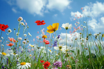 Vibrant wildflowers are blooming in summer meadow on sunny day under blue sky with fluffy clouds. Beautiful natural background