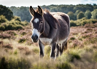 A hinny, a crossbreed between a donkey and a horse, in the New Forest, England, UK. This heathland area is home to wild hinnies and mules.