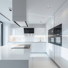 Minimalist white kitchen interior featuring a seamless countertop, high gloss white cabinets, and a minimalist vent hood
