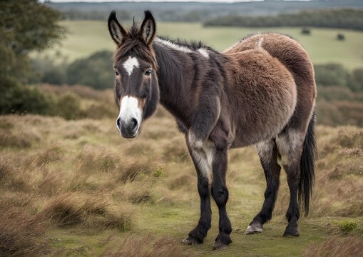 A hinny, a crossbreed between a donkey and a horse, in the New Forest, England, UK. This heathland area is home to wild hinnies and mules.