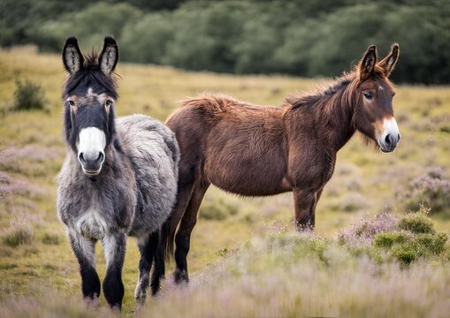 A hinny, a crossbreed between a donkey and a horse, in the New Forest, England, UK. This heathland area is home to wild hinnies and mules.