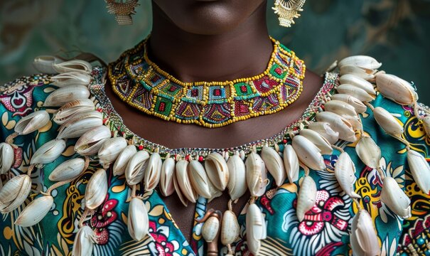 closeup of African woman wearing shell necklaces