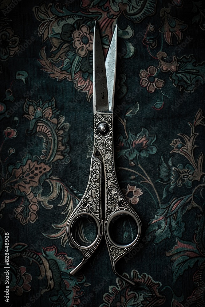 Aufkleber A pair of scissors placed on a table, suitable for various concepts