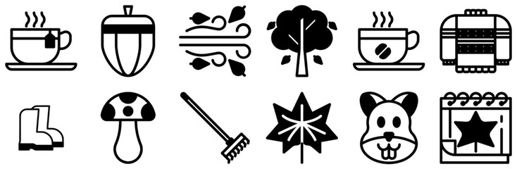 Set Of Linear Autumn Black Fill Isolated Silhouette Solid Icons With Leaf,Autumn,Season,Fall,Foliage Solid Icon Collection. Vector Illustration