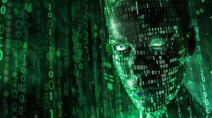 A human being made out of digital binary code, hologram themed, matrix background 