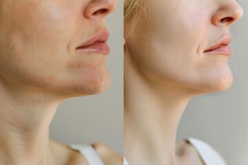 Obraz premium Comparison of a woman's face before and after retouching. Ideal for beauty and skincare concepts