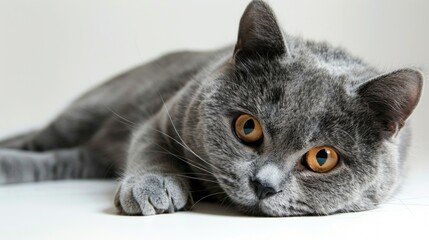 A grey cat relaxing on a clean white background. Ideal for pet product advertisements