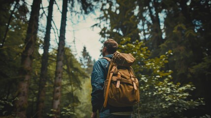 Obraz premium A man with a backpack walking through a forest. Suitable for outdoor and adventure concepts