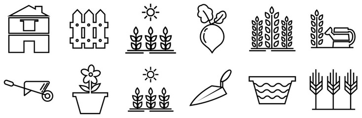 A Collection Of Agriculture Gardening Line Version Vector Symbols Apps, Websites Ui Designs Suitable For Agriculture,Crops,Gardening,Farm,Garden Solid Icon Collection. Vector Illustration