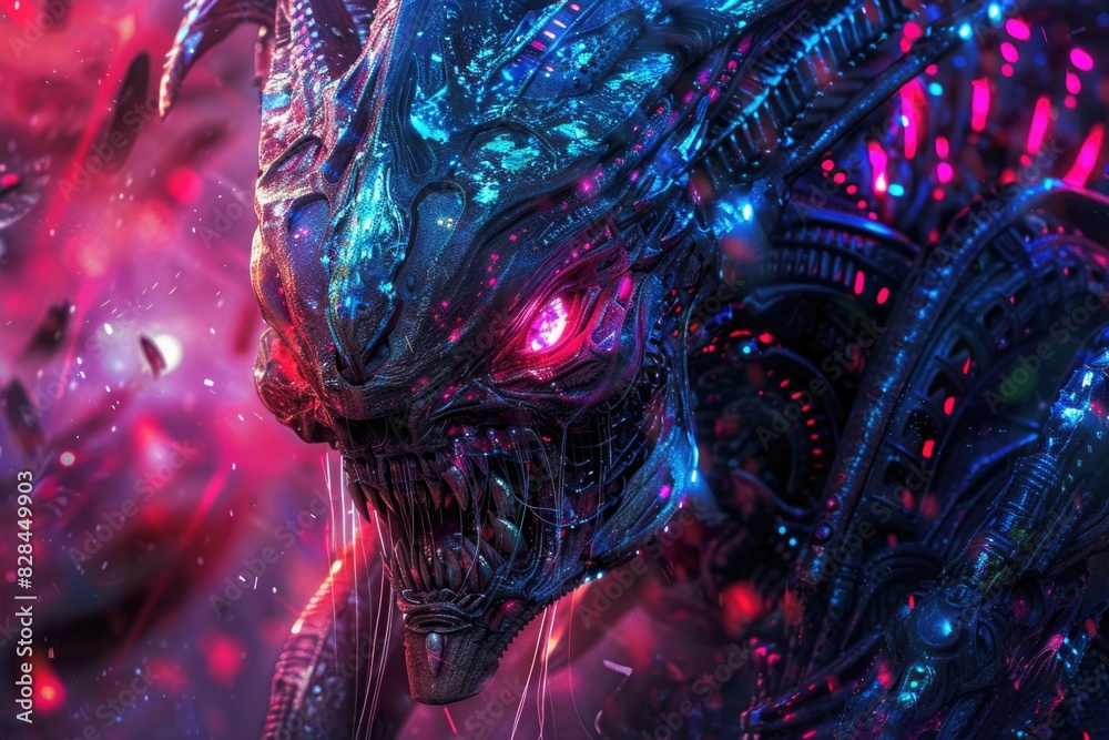 Poster Close up of a demonic creature with glowing eyes. Suitable for horror-themed projects